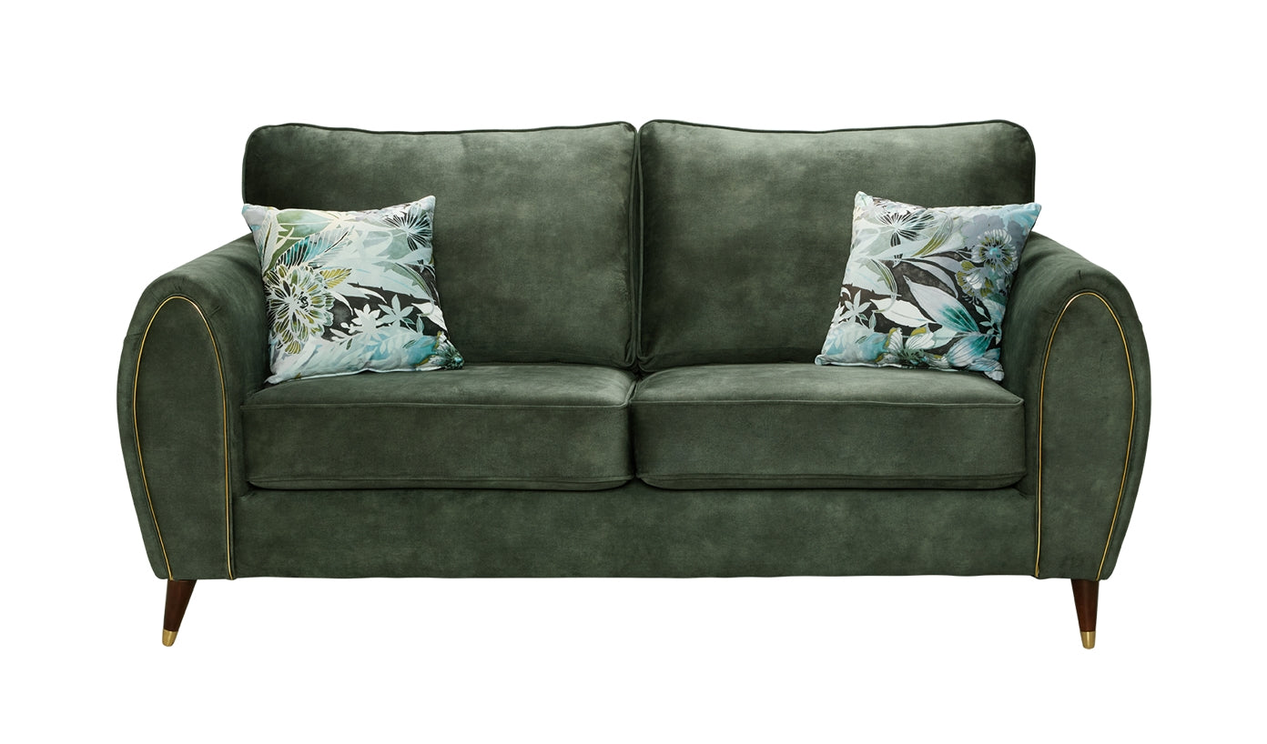 Denver 3 Seater Sofa In Palladium Winter Moss Green Fabric With Brass Solid Wooden Legs